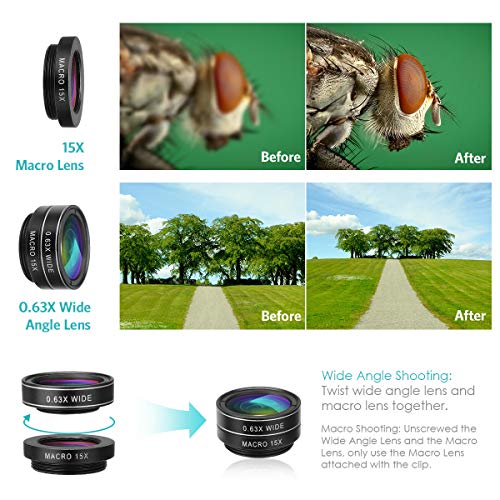 【2020】ORIA 5 in 1 Clip-On Handy Objektiv Kit, Professionel CPL Zirkular Polarisiert Len + 2X Teleobjektiv + 0.63X Weitwinkelobjektiv + 15X Makro Objektiv + 198°Fisheye Objektiv für Smartphones - 3