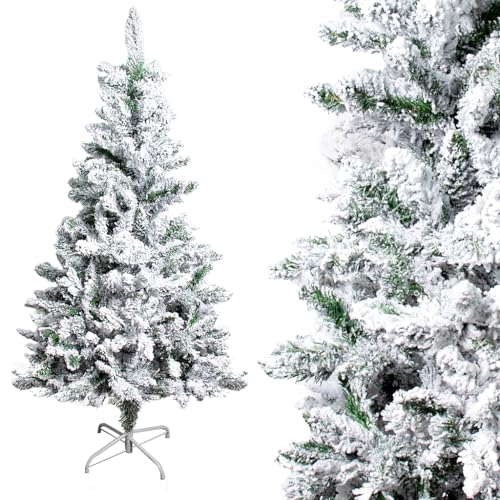 Gotoll Weihnachtsbaum mit Schnee-Effekt, PVC-Blatt Beflockung künstlich Tannenbaum, Christbaum große Schnee Szene Kunsttanne (Weiß, 150 cm mit 328 Spitzen)