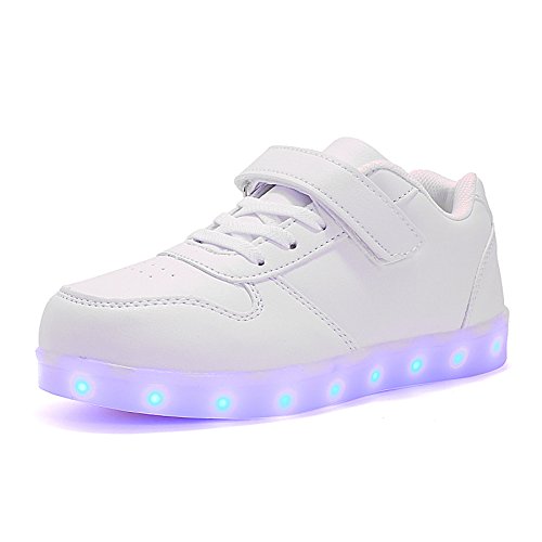 Voovix Unisex-Kinder Licht Schuhe mit Fernbedienung Led Leuchtende Blinkende Low-top Sneaker USB Aufladen Shoes für Mädchen und Jungen(Weiß,EU37/CN37)