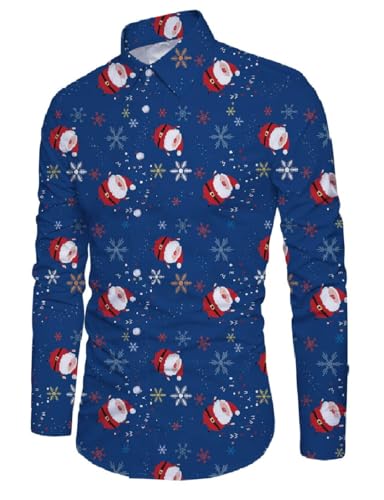 Fanient Herren Weihnachten Weihnachtsmann Rentier Hemd Langarm Button Down Xmas Shirts Hässliches Hemd Blumenhemd für Party Xmas Kostüm