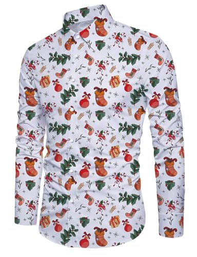 Fanient Herren Hemd Weihnachten 3D Weihnachtsmann Muster Langarm Hemd mit Knöpfen Lässige Funky Shirts Bunte Hemden für Herren Holiday Green