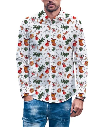 Fanient Herren Hemd Weihnachten 3D Weihnachtsmann Muster Langarm Hemd mit Knöpfen Lässige Funky Shirts Bunte Hemden für Herren Holiday Green - 5