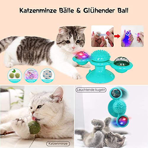 AUCHIKU Windmühle Katzenspielzeug, Plattenspieler Katzenspielzeug mit Katzenminze und Glühender Ball interaktives katzenspielzeug Kratzen Tickle Cats Haarbürste Katzenbiss Puzzle katzenspielzeug-Blau - 5