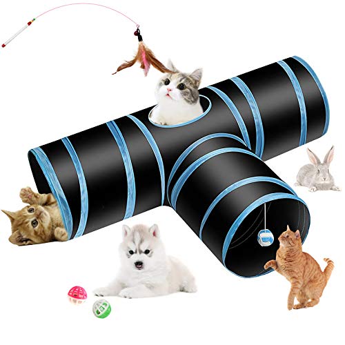 Hyselene Katzenspielzeug Katzentunnel, Interaktives Katzenspielzeug Tunnel mit Ball, Glocke und Katzenstock, 3-Wege Pet Play Tunnel für Katze, Welpe, Kitty, Kätzchen, Kaninchen