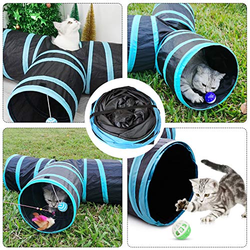 Hyselene Katzenspielzeug Katzentunnel, Interaktives Katzenspielzeug Tunnel mit Ball, Glocke und Katzenstock, 3-Wege Pet Play Tunnel für Katze, Welpe, Kitty, Kätzchen, Kaninchen - 4