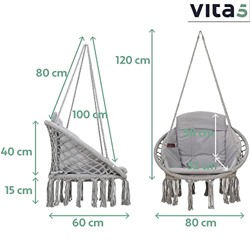 VITA5 Hängesessel mit Kissen, Getränkehalter, Bücherfach & Abdeckhaube – Hängestuhl für Erwachsene & Kinder -Belastbar bis 125 kg – Hängesessel Outdoor & Indoor (Wohn & Kinderzimmer, Garten) (Grau) - 3