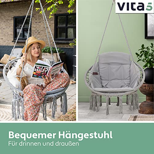 VITA5 Hängesessel mit Kissen, Getränkehalter, Bücherfach & Abdeckhaube – Hängestuhl für Erwachsene & Kinder -Belastbar bis 125 kg – Hängesessel Outdoor & Indoor (Wohn & Kinderzimmer, Garten) (Grau) - 4