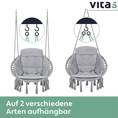 VITA5 Hängesessel mit Kissen, Getränkehalter, Bücherfach & Abdeckhaube – Hängestuhl für Erwachsene & Kinder -Belastbar bis 125 kg – Hängesessel Outdoor & Indoor (Wohn & Kinderzimmer, Garten) (Grau) - 7