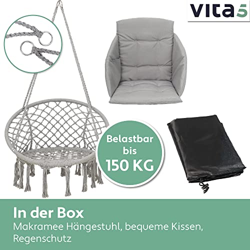 VITA5 Hängesessel mit Kissen, Getränkehalter, Bücherfach & Abdeckhaube – Hängestuhl für Erwachsene & Kinder -Belastbar bis 125 kg – Hängesessel Outdoor & Indoor (Wohn & Kinderzimmer, Garten) (Grau) - 8