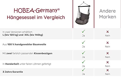 HOBEA-Germany Hängesessel mit 2 Kissen, Größe Hängesessel:L (bis 120kg belastbar), Farben Hängesessel:Uni grau - 2