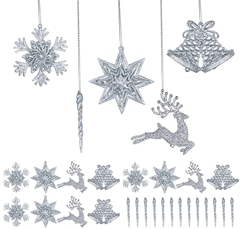 24pcs Schneeflocken Deko aus Plastik, 3D Glitter Schneeflocken Deko Hängende Ornamente Schneeflocke
