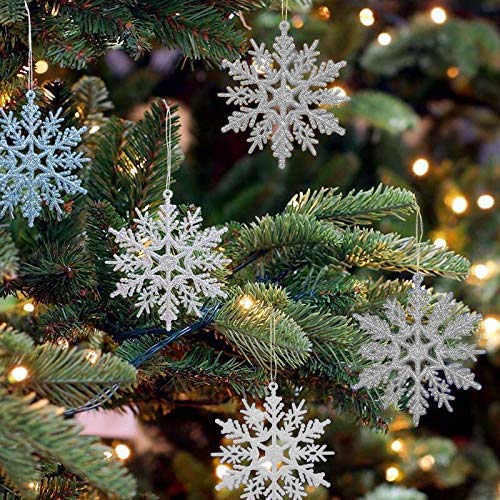 LinTimes 24 PCS Schneeflocken Weihnachtsbaum Deko, Weihnachtsschmuck Schneeflocken Weihnachtsdeko Zum Aufhängen (Hellblau) - 2