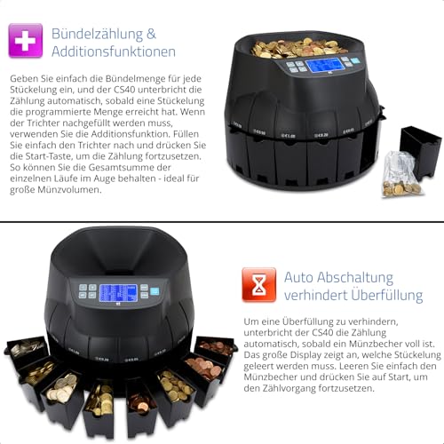 ZZap CS40 – Automatischer EURO Münzzähler & -sortierer – Geldzählmaschine Münzzählautomat Geldzähler - 5