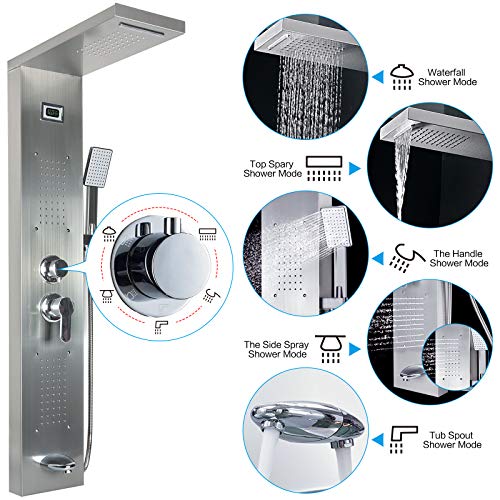 Duschpaneel, Duschsäule Fünf Wasseraustritt Methoden, Edelstahl Wasserfall Regendusche Massagedüsen Mit Temperatur-Digitalanzeige - 6