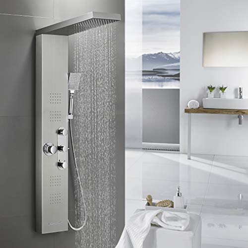 BONADE Thermostat Duschpaneel Edelstahl Duschgarnitur 5 Funktionen Duschsystem inkl. Regendusche, Wasserfalldusche, Massagendüsen, Handbrause und Wasserfallbrause, Duschsäulen Gebürstetes Silber