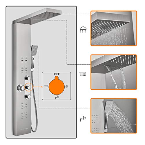 BONADE Thermostat Duschpaneel Edelstahl Duschgarnitur 5 Funktionen Duschsystem inkl. Regendusche, Wasserfalldusche, Massagendüsen, Handbrause und Wasserfallbrause, Duschsäulen Gebürstetes Silber - 5