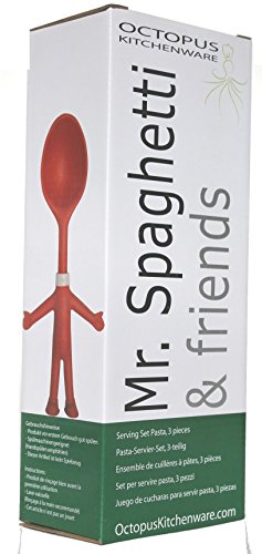 Mr. Spaghetti & Friends, Nudel-Servier-Set, 3 witzige Küchenhelfer, Küchenutensilien, Pasta-Set mit Spaghettilöffel / Spaghettizange, Käse- und Soßen-Löffel, lustiges Geschenk für Spaß beim Kochen - 4